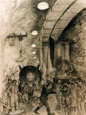 Scene from the Underground Tunnels, featuring a Train Platform, Transport Workers, and a Kapo Wielding his Stick to Enforce Order. Léon Delarbre. Courtesy of Musée de la Résistance et de la Déportation, Besançon.