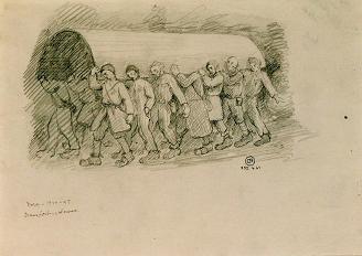 Drawing of Prisoners Dead by Starvation, by Dora Prisoner and Survivor Léon Delarbre. Courtesy of La Coupole History and Remembrance Centre.